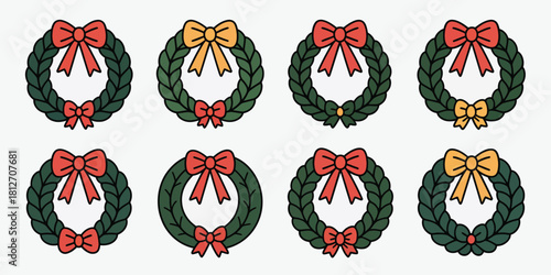 Eight christmas wreaths with green leaves and red and yellow bows arranged on a white background