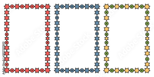 Three colorful frames with stars and circles in red blue and green on a white isolated background