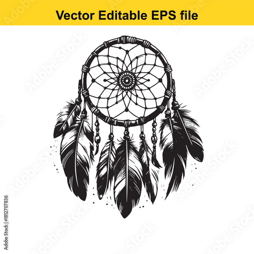Black and white hand drawn dreamcatcher isolated on