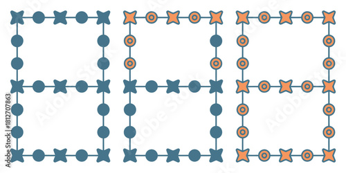 Three geometric shapes with different color patterns connected by lines and shapes in a row pattern