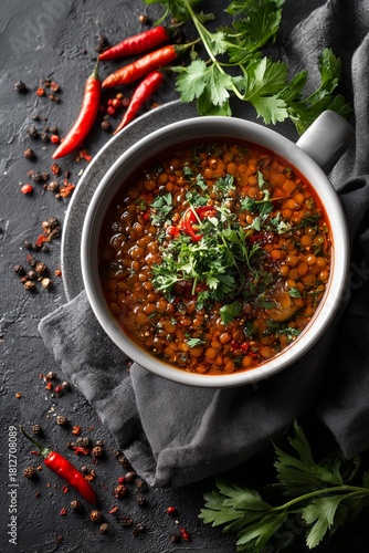 Delicious Spicy Soup With Fresh Herbs and Chilies Served on a Dark Textured S...