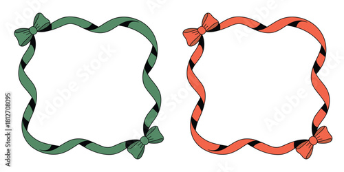 Two decorative frames made of ribbons with bows in green and orange colors on a white background