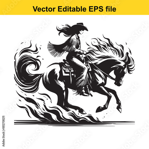 Cowgirl riding fiery horse in dynamic vector art