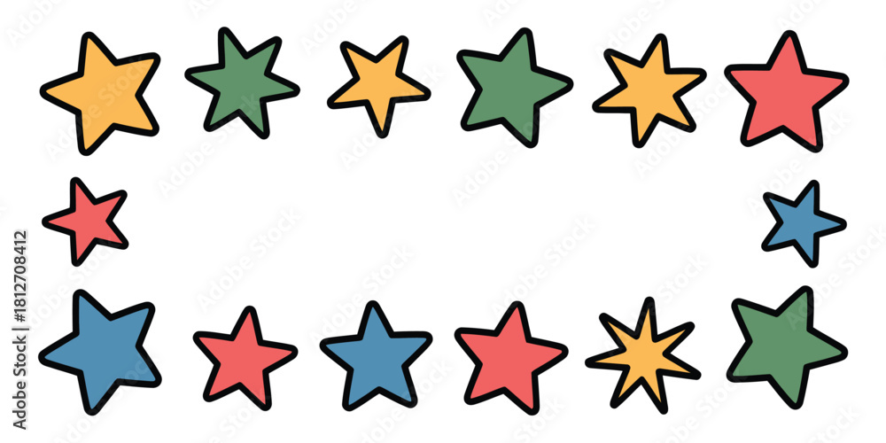 Obraz premium A frame of colorful cartoon stars with black outlines on a white background creating an empty space