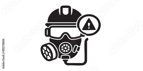 WebHead mask with filter line icon, hazard workwear concept. Vector graphics. Helmet with goggles and gas filter, safety sign on white background, style icon mobile or web design