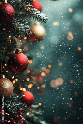 Beautiful Christmas Tree With Decorations and Falling Snow in a Festive Winte...