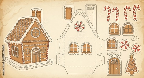 Vintage style gingerbread house template illustration for printable craft