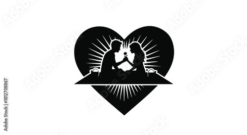 Silhouette of a couple sharing a romantic moment with a rose inside a heart shape