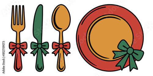 A festive place setting with a fork, knife, spoon, and plate, each adorned with a decorative ribbon bow