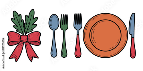 A festive table setting with a red bow, green leaves, plate, spoon, fork, and knife in a cartoon style