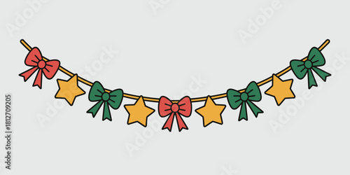 A festive garland with red and green bows alternating with yellow stars on a light gray background