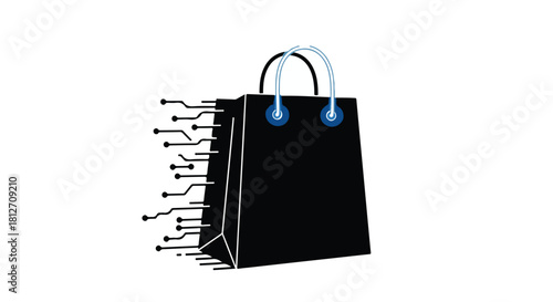 Digital shopping bag with futuristic technology elements, representing online commerce and innovation