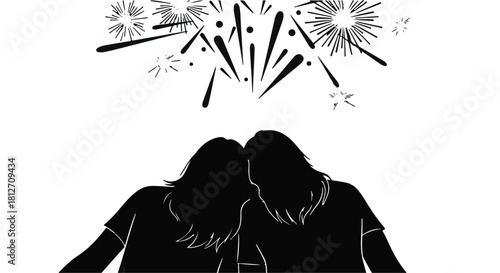 Two silhouettes embracing under a burst of celebratory fireworks, feeling joy and connection.