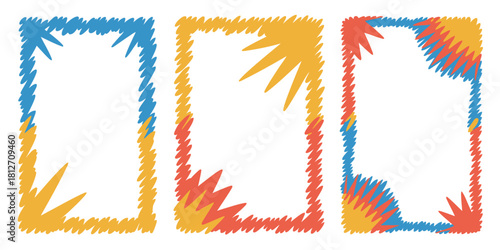 Three colorful scribble frames with jagged edges and starbursts on a white background design element