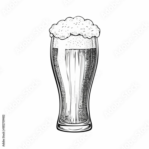 Vintage hand-drawn engraving illustration of a beer glass, featuring bold black linework, detailed texture, and classic retro beverage art.
