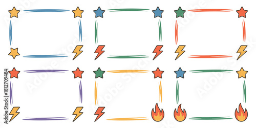 Collection of colorful frames with stars lightning bolts and flames on a white background design element
