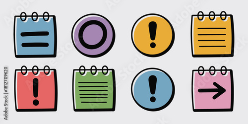 Illustration of eight colorful icons including notes circles and exclamation points on white background