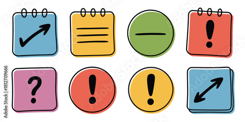 Illustration of eight colorful icons including check mark, lines, minus, and exclamation points signs