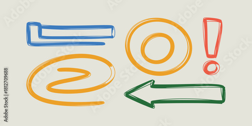 A collection of hand drawn doodle elements including an arrow an at symbol and an exclamation point