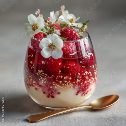 Delicious Dessert With Raspberries and Flowers on a Soft Background