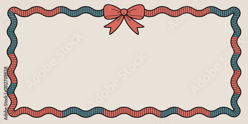 A decorative border with a wavy red and blue pattern and a red bow on a cream colored background
