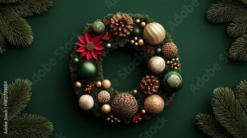 Festive Christmas Wreath With Red Bow and Decorations for Holiday Season Cheer