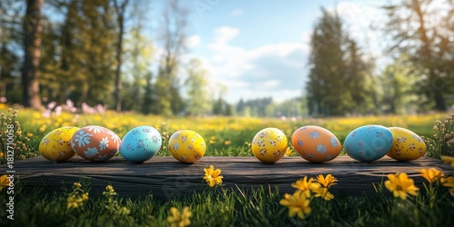 Colorful Easter Eggs on a Log in a Sunny Spring Meadow