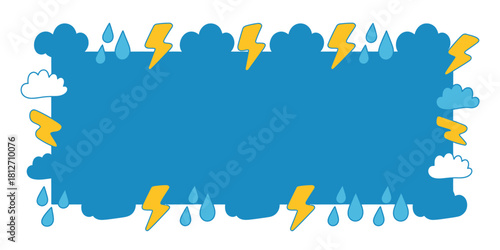 A blue rectangle bordered by clouds, raindrops, and lightning bolts on a white background weather theme