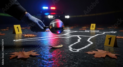 Gloved investigator thoroughly examines a dark night crime scene for criminal evidence, with a magnifying lens, chalk outline, police vehicle lights, and markers.