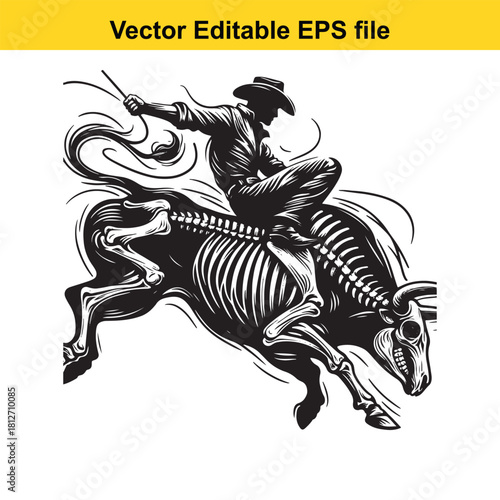 Cowboy riding a skeletal bull in black and white vector