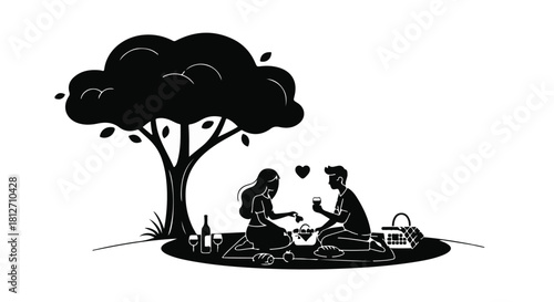 Romantic couple enjoying a peaceful picnic under a large shady tree on a sunny day