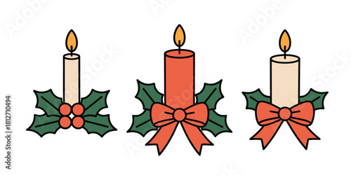 A festive arrangement of three candles adorned with holly and ribbons on a white background design art