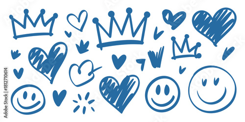 A collection of blue doodle drawings featuring crowns hearts and smiley faces on a white background art design