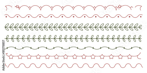 A collection of seven decorative borders featuring stars, leaves, and wavy lines on white background