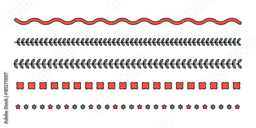 Decorative borders with wavy line, leaf sprigs, squares, and stars on a white background design element