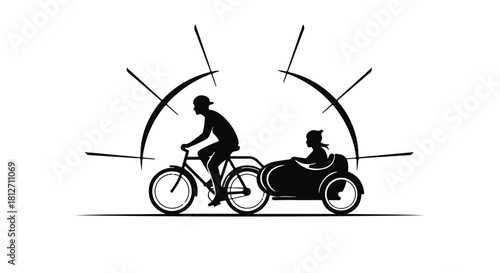 Joyful silhouette of a person riding a bicycle with a child in a sidecar, radiating happiness.