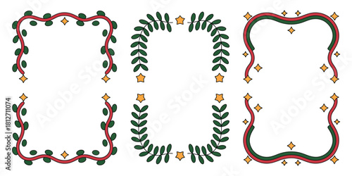 A collection of six decorative frames with leaves, ribbons, and star accents on a white background