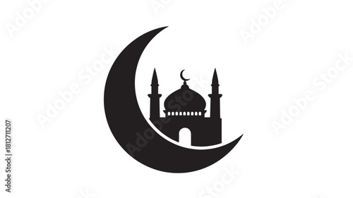 Silhouette of a mosque with crescent moon vector illustration for Islamic holidays isolated on white background