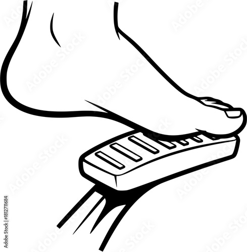 A black and white line drawing of a foot pressing a car pedal isolated on white background
