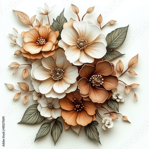 Beautiful Arrangement of Cream and Brown Flowers With Delicate Leaves on a Li...