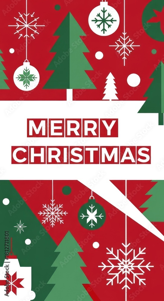 Naklejka premium Festive season celebration background with decorative green trees and white snowflakes over a red background. It is for merry christmas greetings and holiday season celebrations