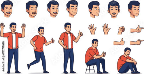 Happy asian man character. Set of hands legs body and head positions for creating animations and your own illustrations.
