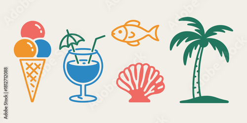 A colorful illustration featuring summer themed icons including ice cream cocktail fish seashell and palm tree