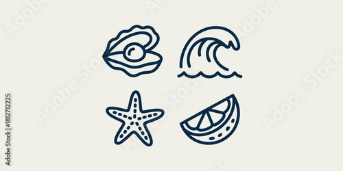 Illustration of an oyster with a pearl, wave, starfish, and lemon slice in a simple line drawing