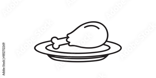 Plate with fried chicken leg line icon, cooking concept. Vector graphics. Poultry food sign on white background, style icon mobile or web design.
