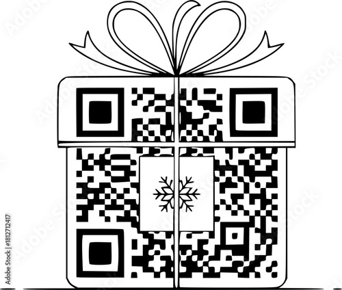 Digital Gift Box Minimalist Vector Outline Merging QR Code Design and Holiday Celebration Concept
