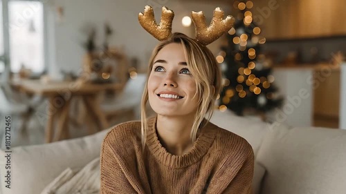 Smiling Woman in Reindeer Headband Sitting in Scandinavian Christmas Living Room