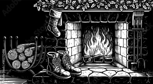 Boots by a cozy fireplace decorated with holly. Vintage vector illustration depicting a traditional Christmas scene set in a warm atmosphere.
