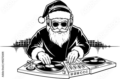 Santa Claus as a DJ, wearing headphones and spinning vinyl records on a turntable against a yellow background. Generative ai vector colorful pop art illustration