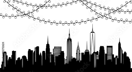 New york city skyline silhouette decorated with christmas lights garland
